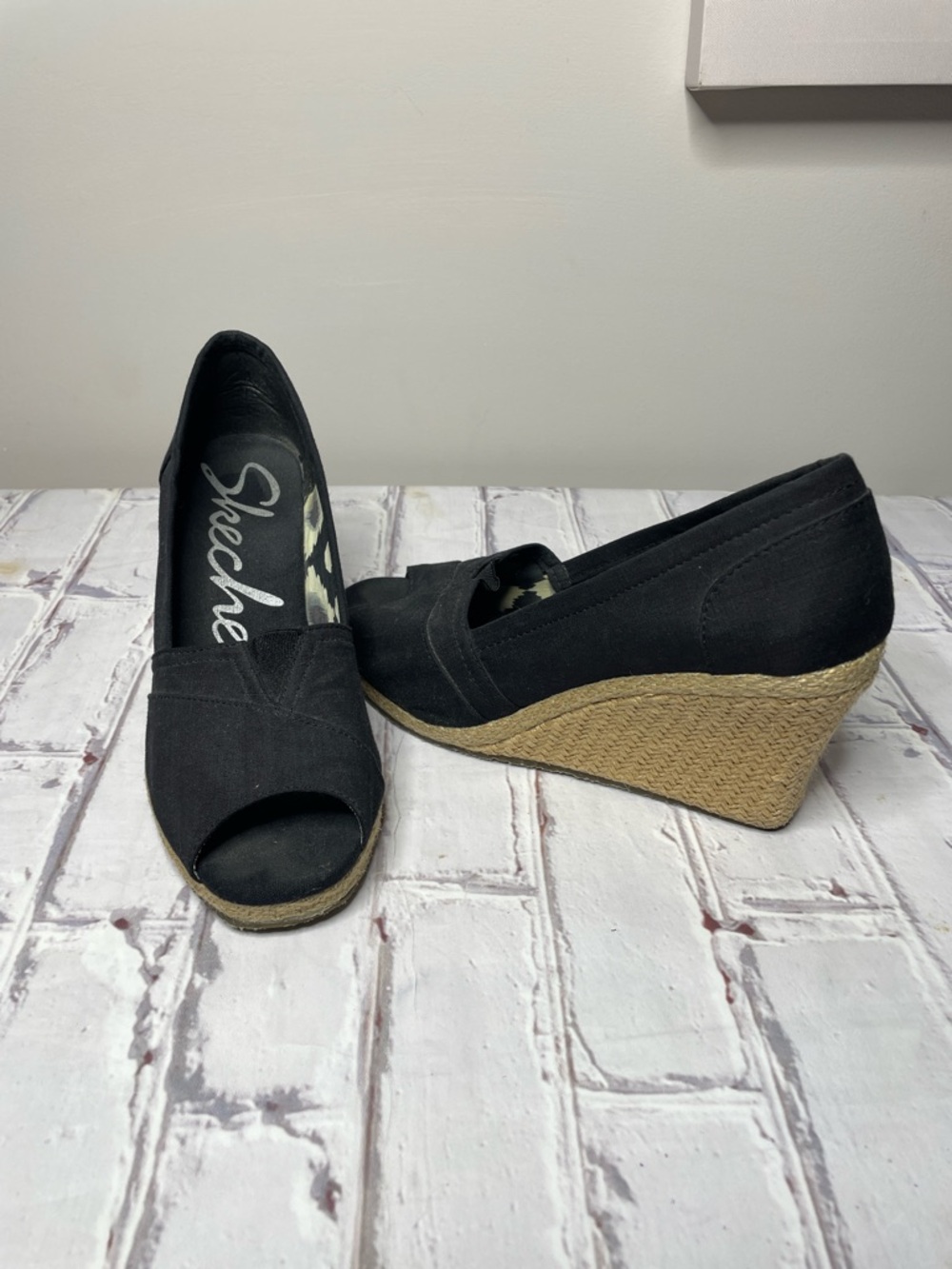 Skechers Black Canvas Peep-Toe Espadrille Wedge with Jute Platform